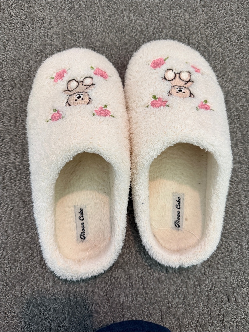 Cream Fuzzy Slippers with Pink Rose Embroidery
